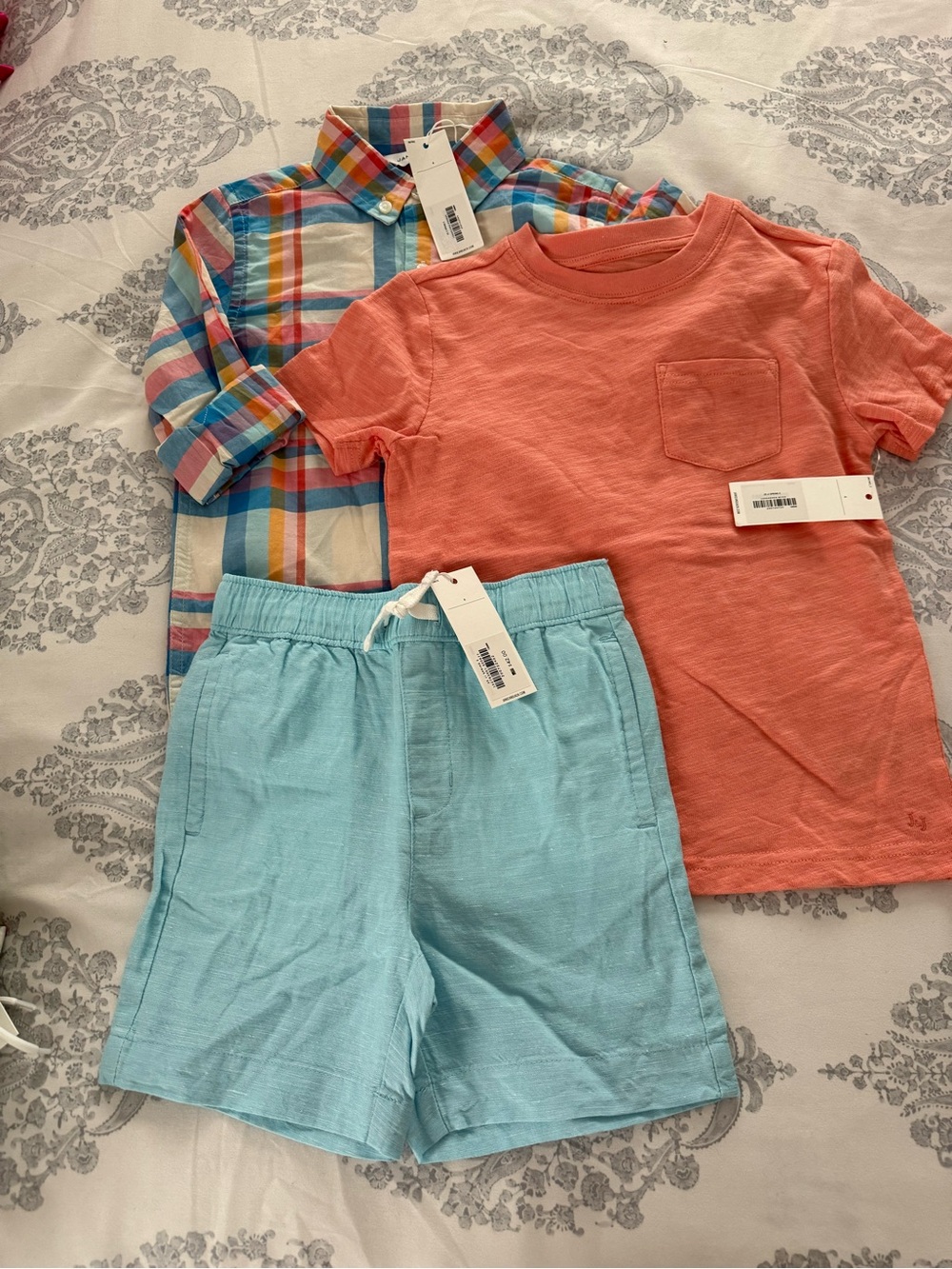 Janie and Jack Coral Tee, Light Blue Shorts & Multicolor Plaid Shirt Set